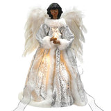 12.2'' Black Angel Christmas Tree Topper with Lights Standing African American Christmas Decorations Black Angel Figurines Treetop for Xmas Home Decor Winter Holiday(White,Cute Style)
