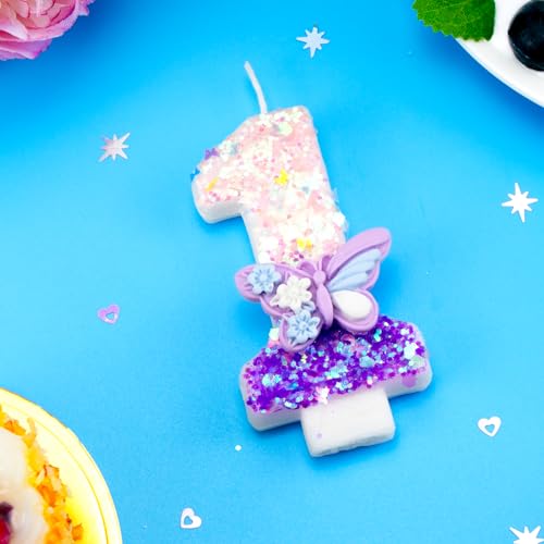 Birthday Number Candles Pink and Purple Butterfly Birthday Candles for Cake Glitter Number 1 Candle Cake Topper with Sequins for Girls and Women Anniversary Celebrations Supplies