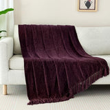 Chenille Throw Blanket for Couch with Tassels,50"X60" Soft Cozy Lightweight Knitted Boho Decorative Blankets for Bed and Sofa,Aubergine