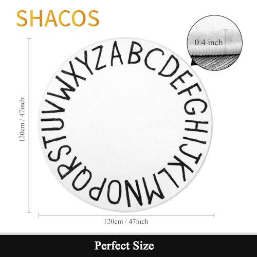 SHACOS Soft Fluffy 4 Ft Round ABC Rug Non Slip Washable for Kids Room Playroom Nursery Alphabet Educational Classroom Carpet, White Printed Letters