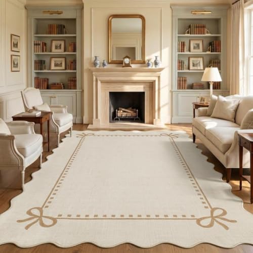 Garvee Scalloped Bow Rug for Living Room Washable Solid Beige 5x7 Area Rugs