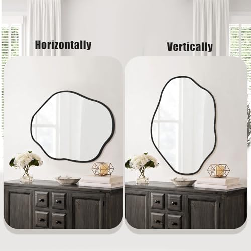 ULIKE Irregular Wall Mirror, 24x36 Inch Black Asymmetrical Mirror with Solid Wood Frame, Abstract Organic Shape Vanity Mirrors for Bathroom Bedroom Living Room Entryway