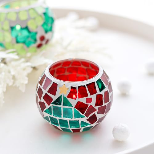 4 PCS Mosaic Glass Tealight Votive Candle Holders - Red & Green Christmas Table Centerpiece Decorations for Indoor/Outdoor Holiday Decor