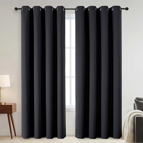 100% Blackout Curtains - Solid Thermal Insulated Thick Fabric Black Blackout Curtains for Bedroom, Grommet Soundproof Window Drapes, 2 Panels, 2x52Wx84L Inches