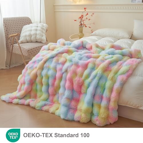 LIFEREVO Fluffy Faux Rabbit Fur Bubble Throw, Rainbow Plush Shaggy Blanket for Couch Sofa Chair, Soft Cute Tie Dye Furry Blanket Adults Kids Girls, Fuzzy Throw for Bedroom Living Room, 50x60, Rainbow
