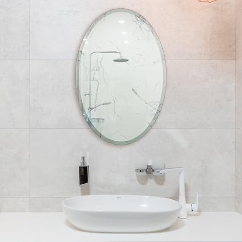 Oval Mirror Frameless Bathroom Mirror for Over Sink, Beveled Polished Wall Mirror for Bathroom, Bedroom, Vanity and Entryway 16" x 24"