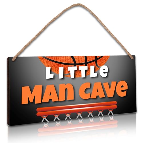 Little Man Cave, 6 * 12 Basketball Wooden Door Sign for Nursery Decor, All-Star Sports Hanging Wall Art Decor for Kids Toddler Boys Bedroom Playroom Living Room Decorations - A05