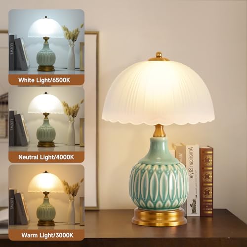 Table Lamps Ceramic Retro Lamp for Living Room,15.7" Modern Bedside Nightstand Traditional Lamps, Classic Chinoiserie Green Glass Lamp for Home (Retro)
