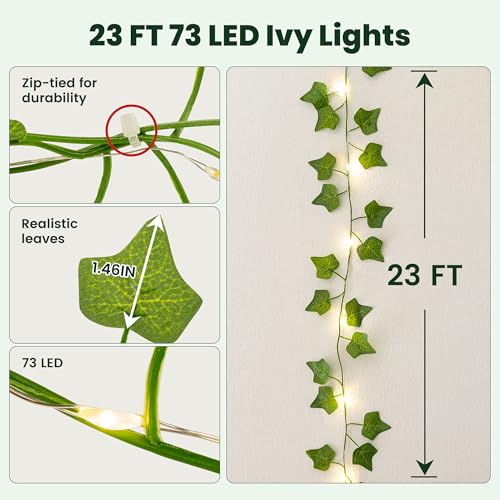 HEYFUNi Fake Ivy Vines with Lights, 23 Ft 73 Led Artificial Greenery Garland with Fairy Lights USB/Battery Operated, Leaf String Lights for Bedroom Aesthetic, Wall, Balcony, Wedding Decor, Warm White
