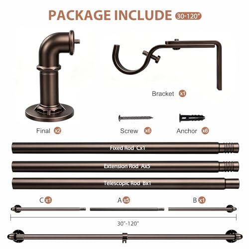 30-120 Inch Wrap Around Curtain Rod 1" Diameter for 30-114 Windows, Adjustable Curtains Rod, Bronze Industrial Curtain Rods for Windows Heavy Duty Window Treatment Rods for Blackout Curtains 1 Pack