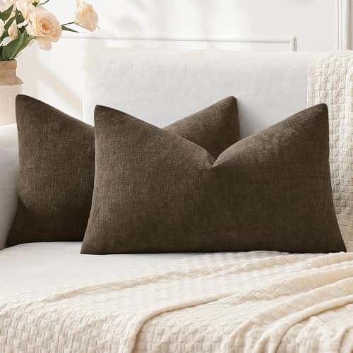 MIULEE Chocolate Brown Chenille Couch Lumbar Throw Pillow Covers, 12x20