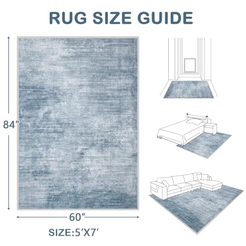 Area Rugs 5x7 Living Room: Washable Rug Modern Abstract Large Rugs Soft Non Slip Neutral Rug Stain Resistant Indoor Carpet for Bedroom Kitchen Dining Room Table Nursery Home Office Rugs(Blue,5'x7')