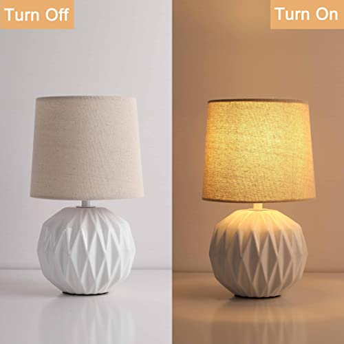 White Ceramic Table Lamp, Geometric Textured Small Bedside Lamp with Linen Shade, Mid Century Modern Nightstand Lamp for Bedroom Living Room Reading Room, H 12" x W 6.7", 7W LED Bulb Included