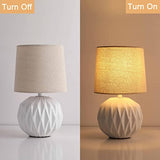 White Ceramic Table Lamp, Geometric Textured Small Bedside Lamp with Linen Shade, Mid Century Modern Nightstand Lamp for Bedroom Living Room Reading Room, H 12" x W 6.7", 7W LED Bulb Included
