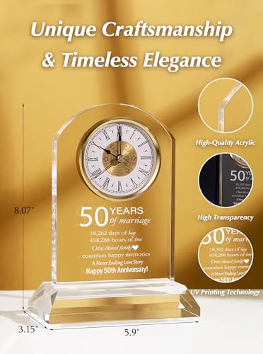 DEEWISH 50th Wedding Anniversary Clock, Best Gifts Ideas for Couple Parents Wife Husband Golden 50 Years of Marriage for Him Her