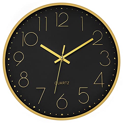 Foxtop Black Gold Wall Clock 12 Inch Silent Non-Ticking Battery Operated Round Quartz Modern Wall Clock for Living Room Kitchen Bedroom Home Office School Decor