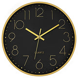 Foxtop Black Gold Wall Clock 12 Inch Silent Non-Ticking Battery Operated Round Quartz Modern Wall Clock for Living Room Kitchen Bedroom Home Office School Decor