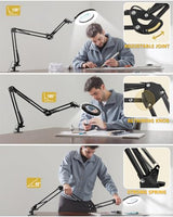 12X Magnifying Glass with Light and Clamp, Ultra Long 3 Section Swing Arm LED Desk Lamp, Real Glass Lens, 5 Color Modes Dimmable, Hands Free Lighted Magnifier with Stand for Repair Craft Close Work