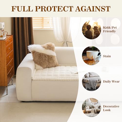MYSKY HOME Couch Covers for Sofa, L Shaped Couch Cover, Couch Cover for Dogs, Sofa Covers for Pets Washable, Non Slip Sofa Slipcovers, Leather Sofa Cover Loveseat Couch Covers, Cream, 27.6" x 59"