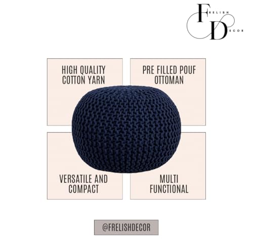 FRELISH DECOR Round Pouf Ottoman Hand Knitted 100% Cotton Pouf Foot Stool - Knitted Bean Bag - Floor Chair for Living Room Bedroom - Foot Rest for Couch (20 Diameter x 14 Height) - Navy