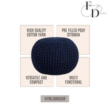 FRELISH DECOR Round Pouf Ottoman Hand Knitted 100% Cotton Pouf Foot Stool - Knitted Bean Bag - Floor Chair for Living Room Bedroom - Foot Rest for Couch (20 Diameter x 14 Height) - Navy