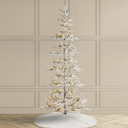 Glitzhome 9ft Pre-Lit Flocked Slim Artificial Christmas Tree with 650 Warm White LEDs, Realistic PE Needles Hinged Design for Modern Home Holiday Decor