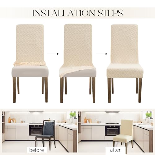 MOSAYT 100% Waterproof Dining Room Chair Covers Set of 4, Super Fit Stretch Jacquard Parson Chairs Slipcovers Removable Washable Chair Seat Protectors for Home, Kitchen, Banquet (Beige)