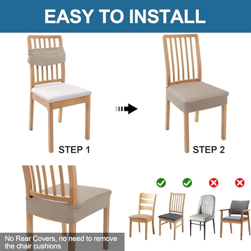 Smiry Waterproof Seat Covers for Dining Room Chairs Set of 6, Stretch Jacquard Removable Washable Chair Seat Slipcovers Protector, No Rear Covers, Taupe