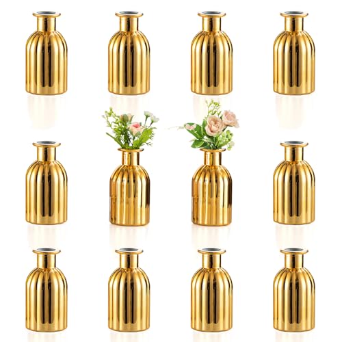 NUPTIO Bud Vases Small Gold: 12 Pcs Glass Vase Set in Bulk for Flowers - Mini Vintage Flower Bottle Single Vases for Wedding Table Centerpieces