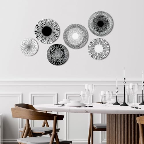 Hicarer Set of 6 Black and White Plate Wall Decor Minimalist Ceramic Plate Wall Art with W-shaped Invisible Hooks & Silver Nails, Multi-use Dinner Plates for Home Office Art & Dining