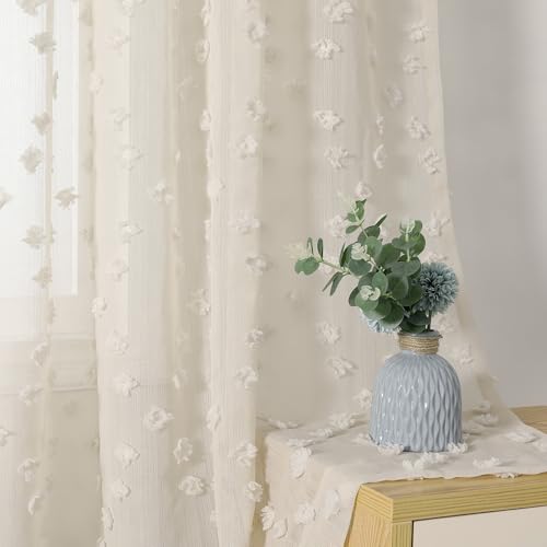 MYSKY HOME Beige Sheer Curtains for Bedroom Living Room with Pom Pom 84 Inches Long Light Filtering Cream Boho Drapes for Girls Nursery Kids Room Window, Rod Pocket, 52" Wide, 2 Panels