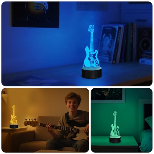 YuanDian Guitar Night Light, Electric Bass Guitar 3D LED Illusion Lamp, 16 Colors USB Powered & Battery Powered Touch Control with Remote, Creative Gifts for Teen Bass Player Music Lovers