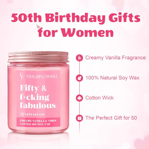 50th Birthday Candle Gifts for Women - Fifty & Fabulous! Creamy Vanilla & Natural Soy Wax Candle, Pink Jar Funny Gifts for Daughter, Sister, Best Friend or Wife Birthday Decorations