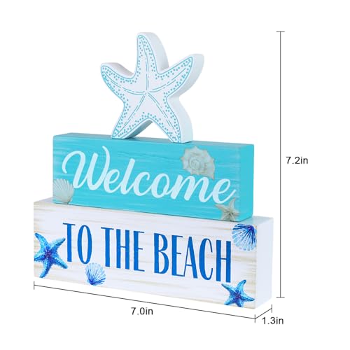 Beach Decorations for Home, MEETYAMOR 3-Layered Starfish Seashell Coastal Wood Block Beach Decor, TO THE BEACH Sign Ocean Decor for the Home, Table, Mantel