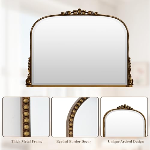 Wall Beaded Mirror, 36 x 27 Inch Round Top Right Angle Wall Mirror, Tempered Glass, Rust Resistant, Horizontally or Vertically Hanging, Gold