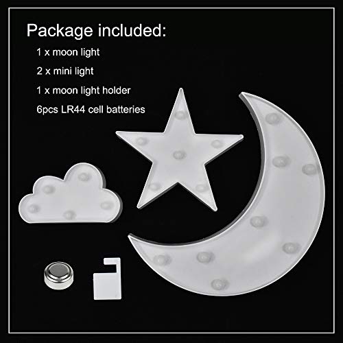 GUOCHENG Lovely White Moon Star Cloud Light Set Battery Operated LED Marquee Light Sign Warm White Bedside Lamps for Kids Children Bedroom Nursery, Baby Standing Night Light