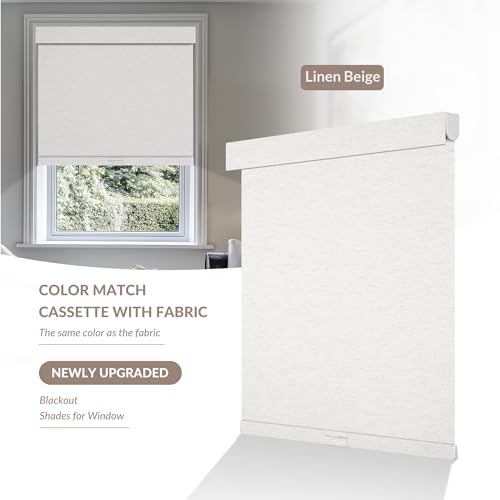 Boolegon Cordless Blackout Roller Shades for Windows, Free-Stop Linen Shades with Valance, Thermal Insulated Fabric, UV Protection Roller Blinds for Home, Office (Beige, 15" W x 48" H)