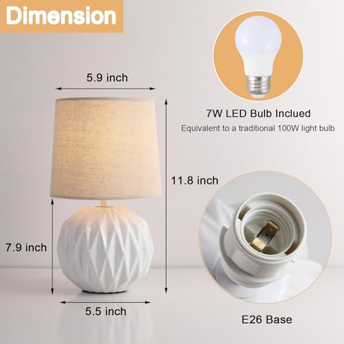White Ceramic Table Lamp, Geometric Textured Small Bedside Lamp with Linen Shade, Mid Century Modern Nightstand Lamp for Bedroom Living Room Reading Room, H 12" x W 6.7", 7W LED Bulb Included
