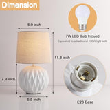 White Ceramic Table Lamp, Geometric Textured Small Bedside Lamp with Linen Shade, Mid Century Modern Nightstand Lamp for Bedroom Living Room Reading Room, H 12" x W 6.7", 7W LED Bulb Included