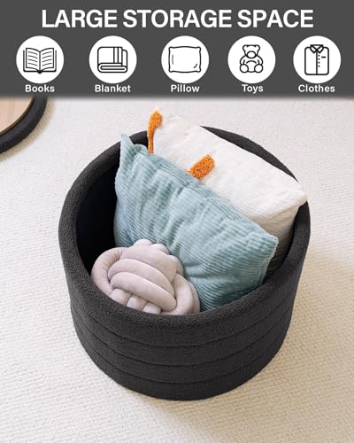 B FSOBEIIALEO Folding Storage Ottoman, Round Sherpa Ottomans, Dark Grey