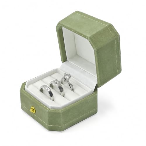 Velvet Ring Box - Octagon Engagement Ring Box with Hinged Lid for Proposal Engagement Wedding, Proposal Ring Case Jewelry Box with Gold Lace PRB003-Green