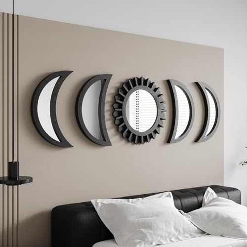 WAKOSAN Moon Phase Wall Mirror Set, 5PCS Wooden and Real Glass Mirrors | Bohemian style bedroom decor, crystal clear reflection, for living room apartment, multi-angle vertical horizontal hanging