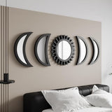 WAKOSAN Moon Phase Wall Mirror Set, 5PCS Wooden and Real Glass Mirrors | Bohemian style bedroom decor, crystal clear reflection, for living room apartment, multi-angle vertical horizontal hanging