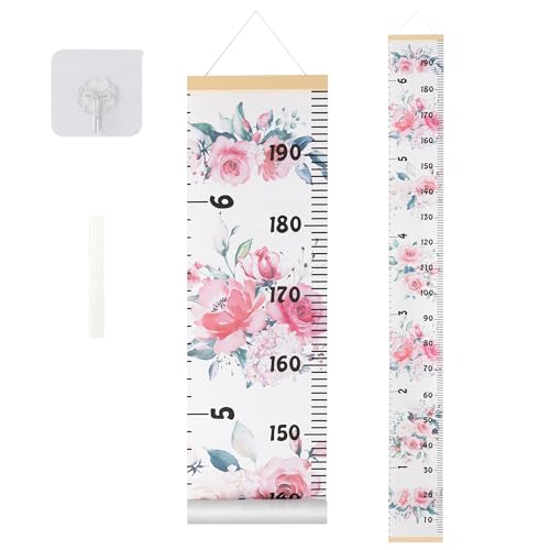 Canvas Kids Growth Chart for Wall, Floral Height Measurement Tracker for Baby Girl, Hanging Ruler with Removable Hook, Nursery Room Playroom Toddler Bedroom Decor, 79”x7.9” Pink