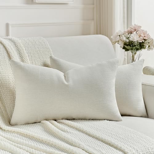 Pack of 2 Faux Linen Throw Pillow Covers 12x20 Inch,Cream
