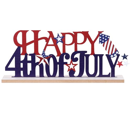 MEETYAMOR 4th of July Decorations, Metal Happy Fourth of July with Wooden Base, Patriotic Independence Day Decor for the Home, Tiered Tray, Shelf, Table, Mantel
