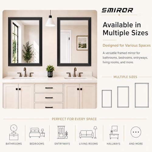 SMIROR Matte Black Bathroom Mirror for Over Sink 24x 36 inch, Metal Thick Frame Rectangle Vanity Mirror for Wall, Anti-Rust, Horizontally or Vertically Mounted