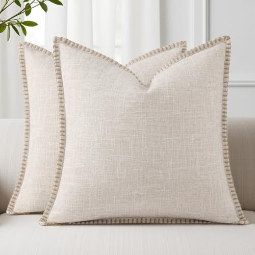 decorUhome Fall Decorative Throw Pillow Covers 18x18 Set of 2 Square Faux Linen Outdoor Neutral Farmhouse Pillow Covers with Stitched Edge for Couch Sofa Living Room, Beige