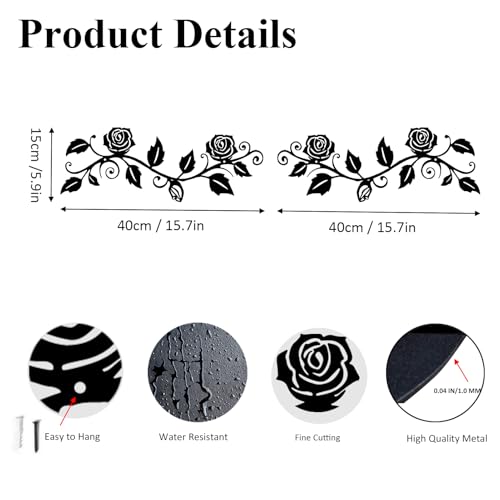 DUOOLN 2 Pcs Metal Rose Tree Leaf Wall Decor, Long Iron Scroll Vine Wall Art Above, Rustic Hanging Sign Flowers Sculpture, For Above Door Living Room Office Indoor And Outdoor Decoration - Black