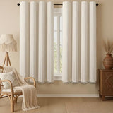 Boho Blackout Curtains 63 Inches Long Beige Linen Blend 2 Panels with Tassels and Cotton Embroidery, Farmhouse Vintage Rustic Rod Pocket Drapes for Living Room or Bedroom